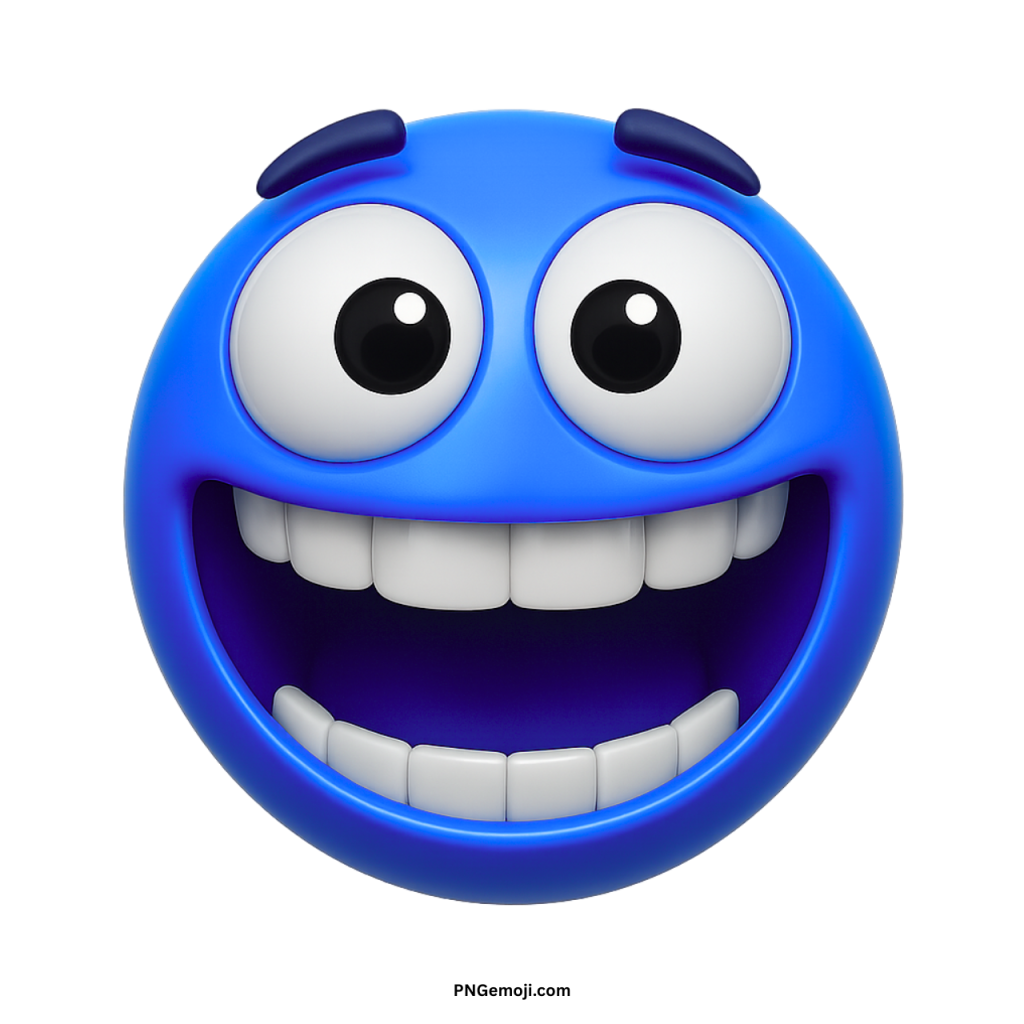 Zany blue emoji with big eyes and wide smile showing funny excited expression