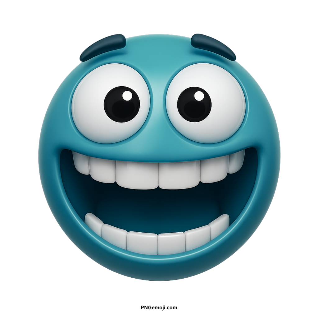 Zany teal emoji with wide open smile and big cartoon eyes showing silly joy
