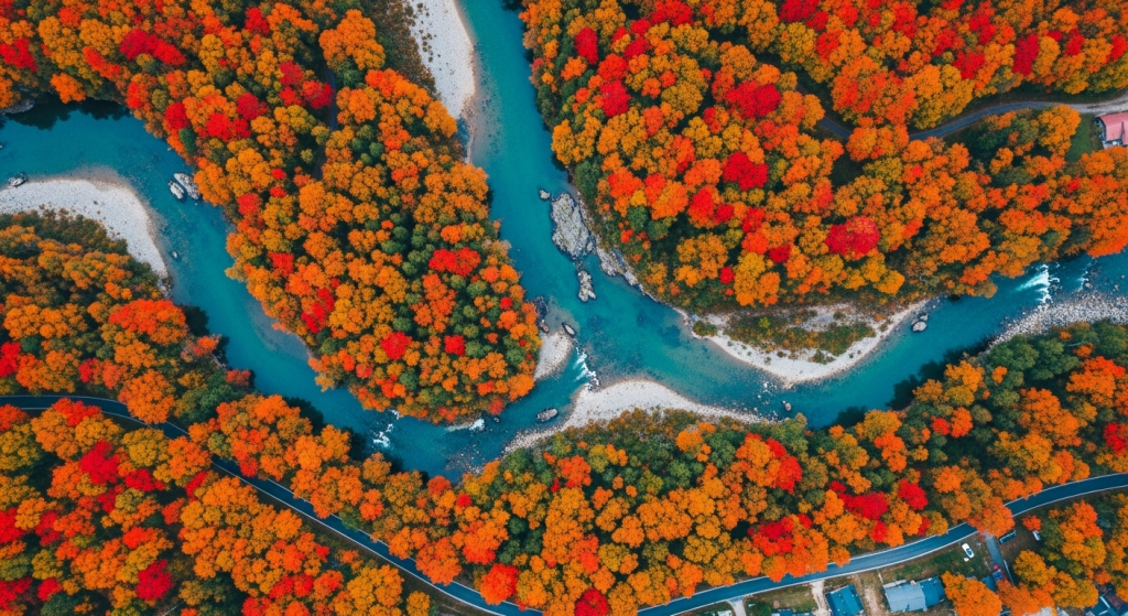 Aerial view of vibrant autumn forest with winding blue river and colorful foliage.