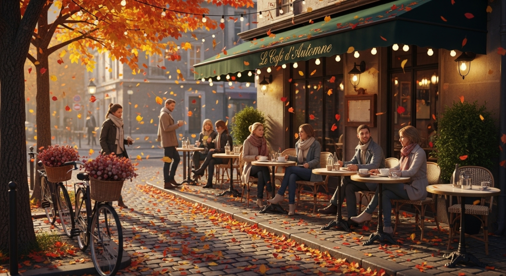 Charming autumn caf&eacute; with people enjoying coffee outdoors among falling leaves and bicycles.