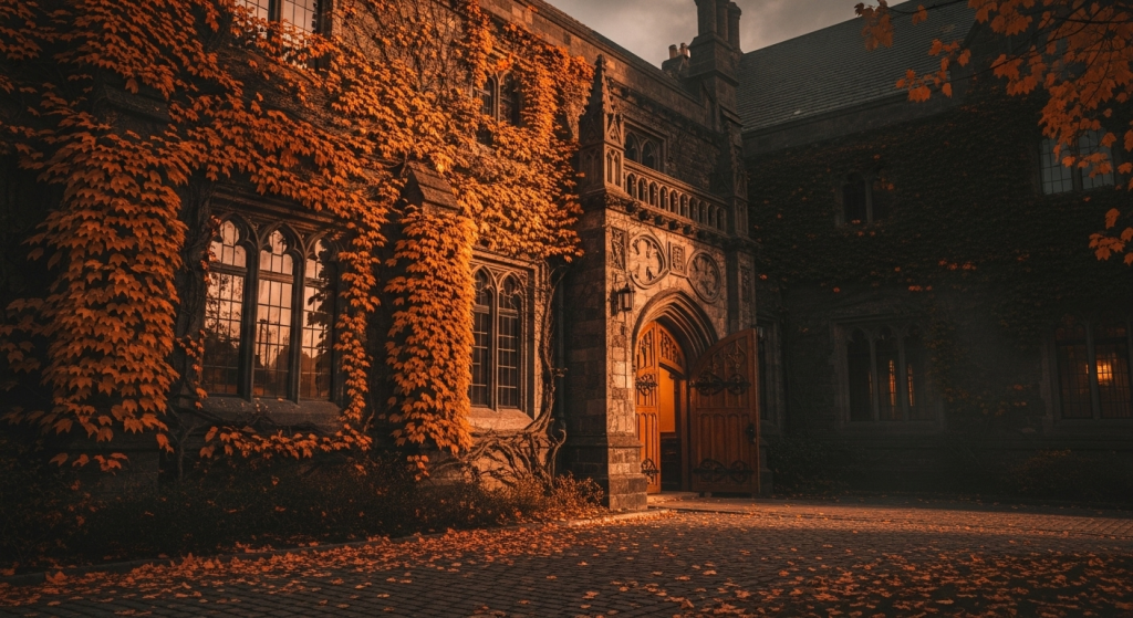 Historic castle entrance covered in autumn ivy leaves with warm glowing light
