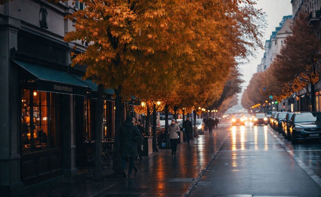 Autumn city street with yellow trees, evening lights, and people walking in rain