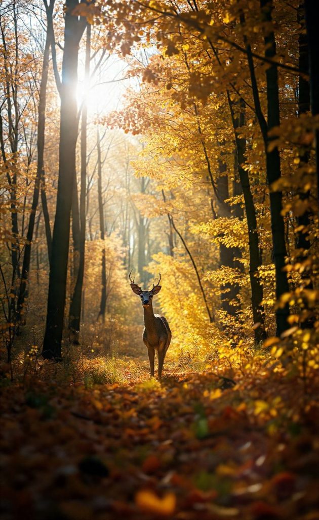 Deer standing in autumn forest with golden leaves and sunlight shining through trees