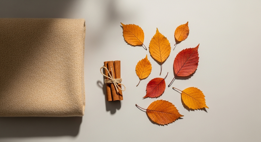 Flat lay with autumn leaves, cinnamon sticks, and cozy beige blanket fabric.