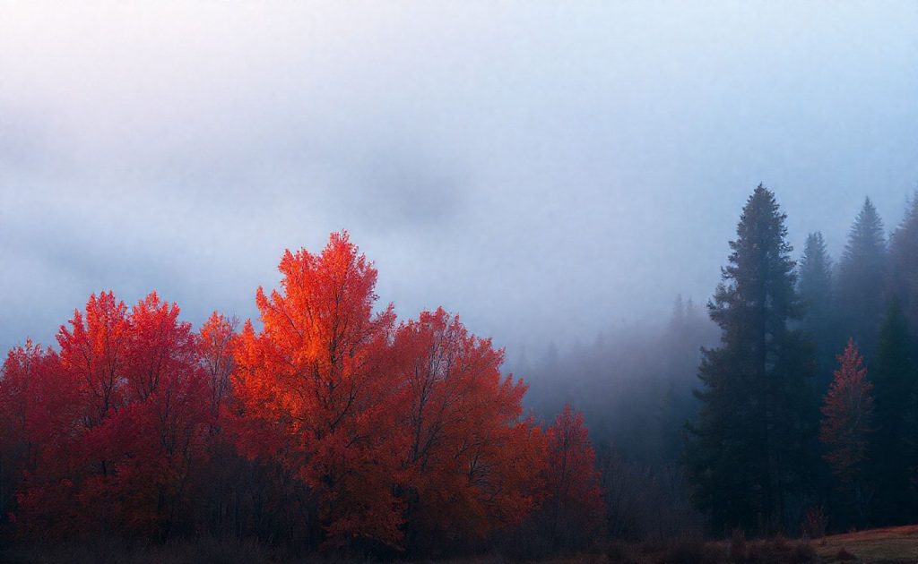 Misty forest landscape with vibrant red autumn trees glowing against fog and tall evergreens.