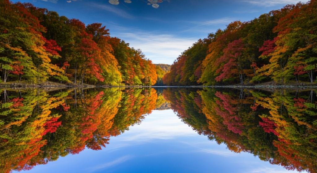 Colorful autumn forest reflecting in calm lake water with vibrant fall foliage scenery