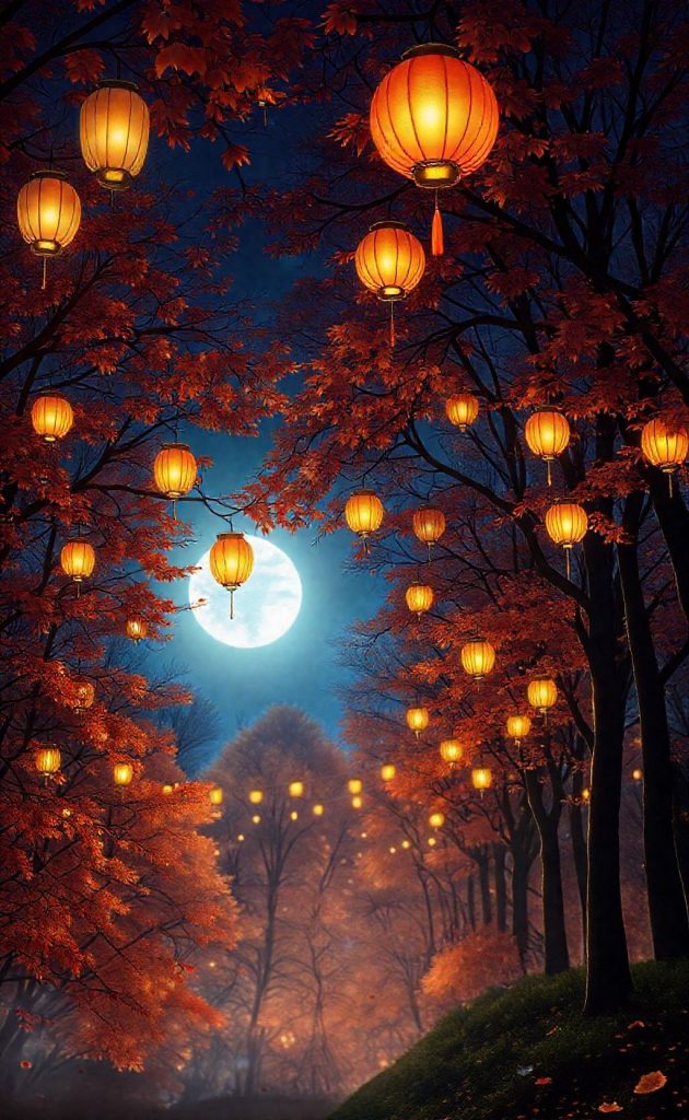 Glowing lanterns in autumn forest under full moon night sky with red foliage