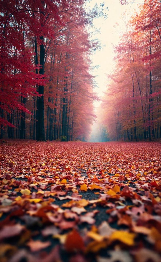 Forest path covered with fallen autumn leaves in shades of red, orange, and gold.