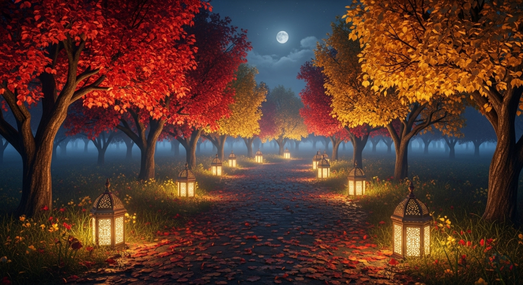 Moonlit autumn forest path with glowing lanterns and colorful red and yellow trees.