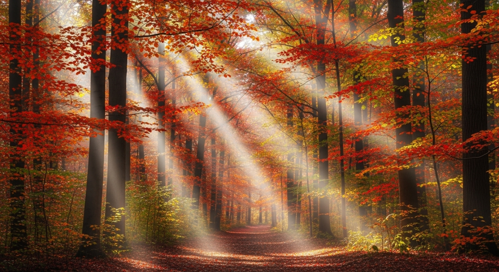 Sunlight rays shining through autumn forest with colorful fall foliage along peaceful path.