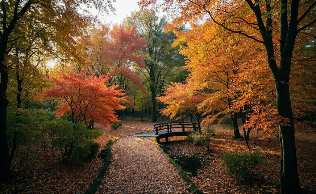Beautiful autumn forest with wooden bridge, golden leaves, and peaceful nature scenery
