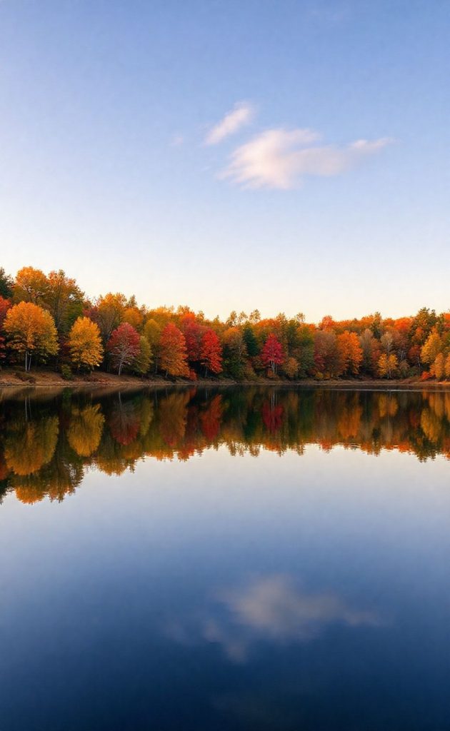 Calm autumn lake reflecting colorful forest trees with golden, red, and orange foliage.