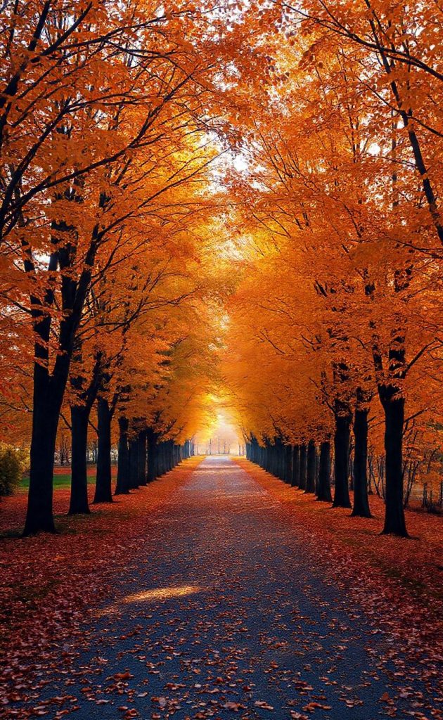 Scenic autumn forest road covered with orange leaves and golden trees on both sides.