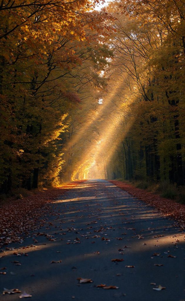 Autumn forest road with golden sunlight rays shining through trees and fallen leaves.