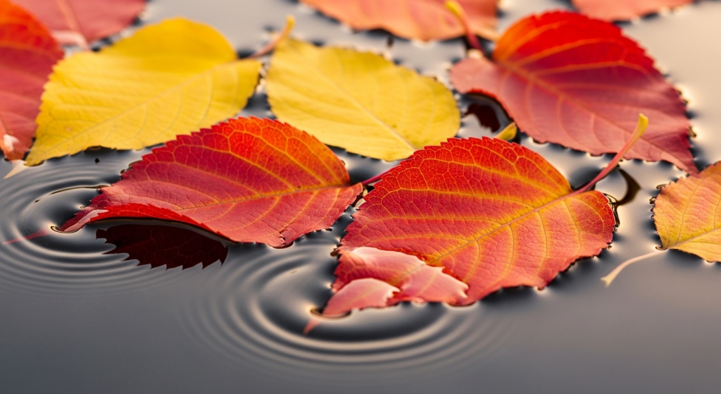 Colorful autumn leaves floating on calm water surface with ripples in close-up view