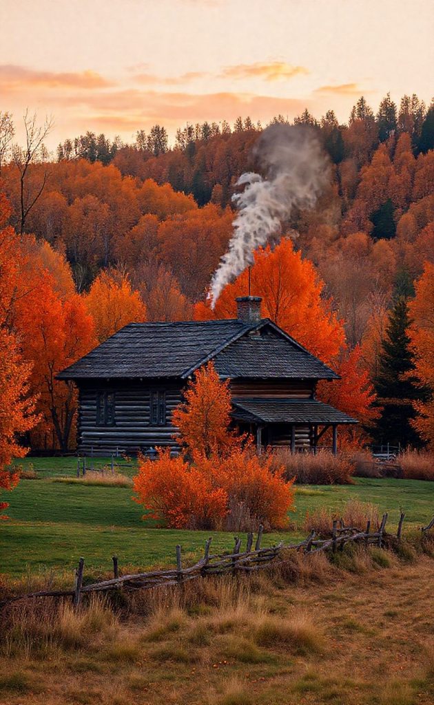Rustic log cabin with chimney smoke surrounded by colorful autumn forest trees and grass.