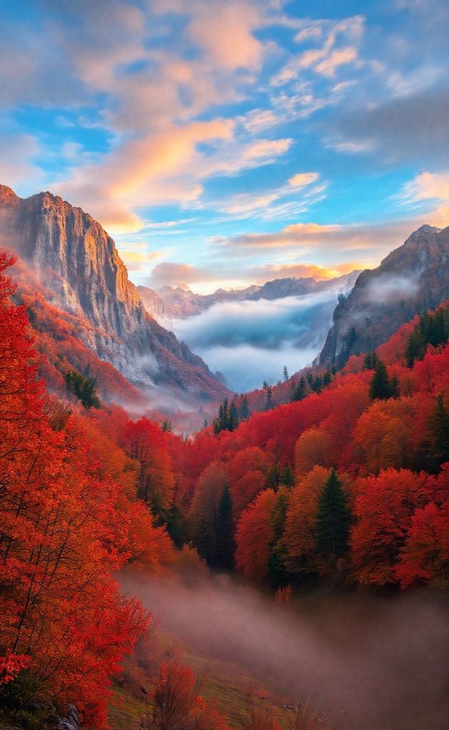 Beautiful autumn mountain valley with colorful red forest trees, mist, and sunrise sky.