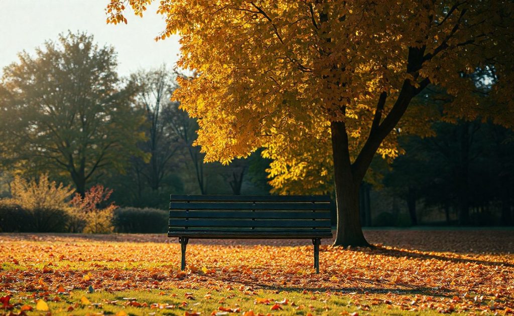 Empty park bench under golden autumn tree surrounded by fallen leaves in sunlight