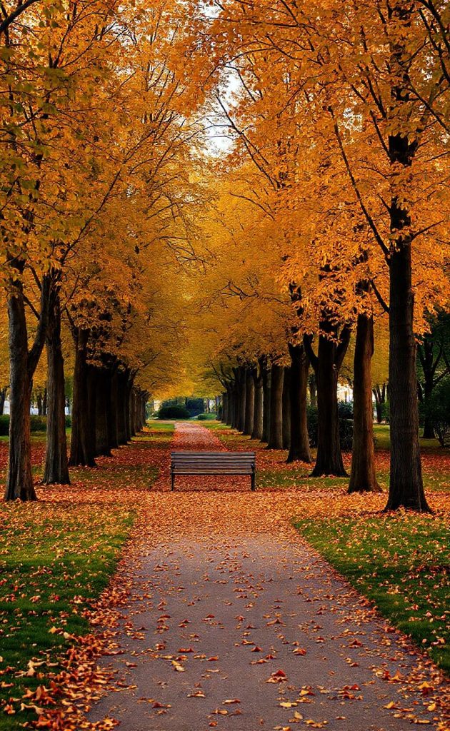 Autumn park pathway with golden trees, fallen leaves, and a wooden bench.