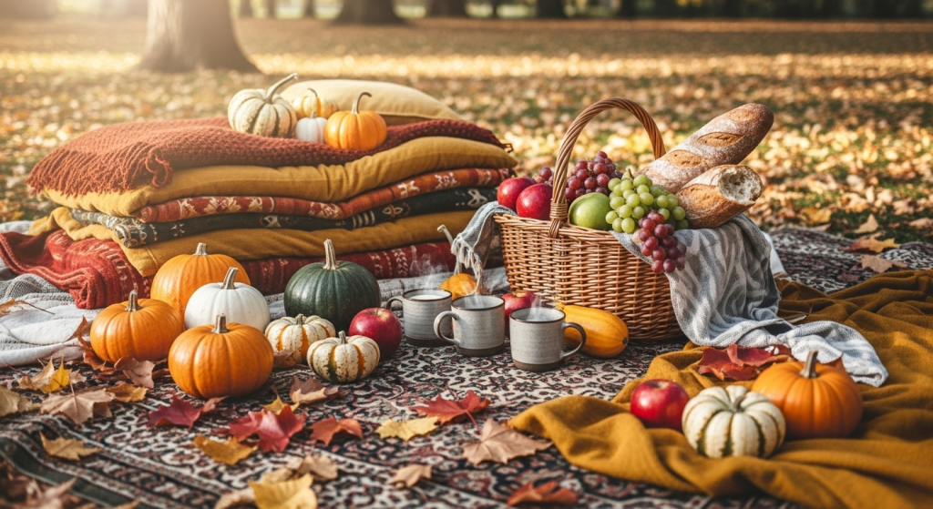 Cozy autumn picnic setup with pumpkins, fruits, bread basket, blankets, and hot drinks outdoors