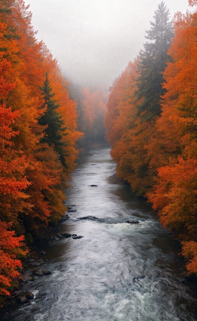 Misty autumn forest with river flowing between trees covered in orange and red leaves.