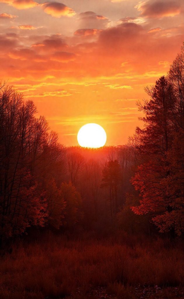 Golden sunset over autumn forest with glowing sky and silhouetted trees