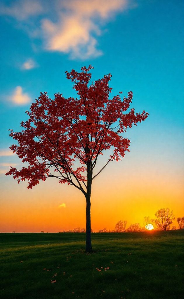 Single autumn tree with red leaves at sunset against blue and orange sky.
