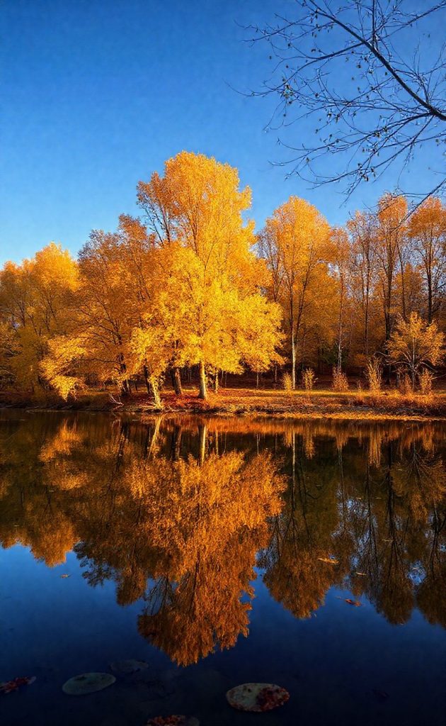 Golden autumn trees reflecting on calm blue lake with vibrant seasonal scenery