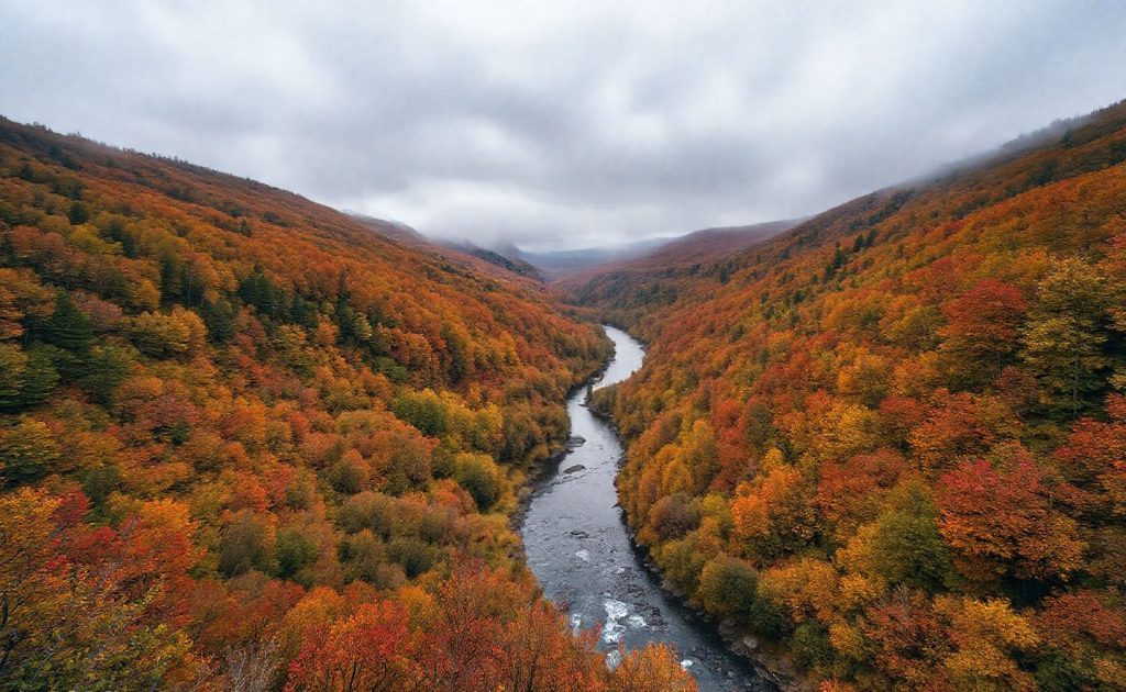 Scenic autumn valley with river winding through colorful fall forest landscape.