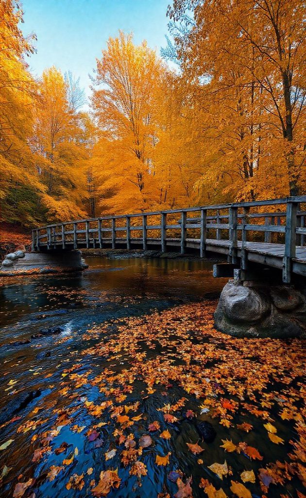 Wooden bridge over river with autumn trees and fallen leaves in water