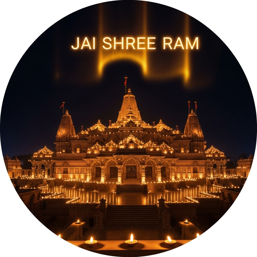 Ayodhya Ram Mandir night view with glowing diyas and Jai Shree Ram text