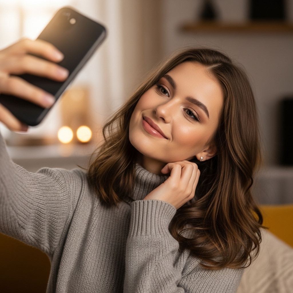 Young woman smiling while taking selfie indoors in cozy warm home environment