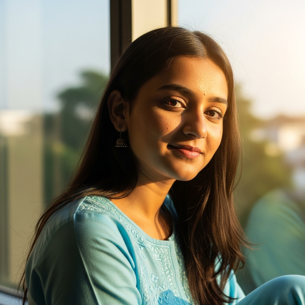 Beautiful Indian girl wearing blue ethnic dress smiling softly near sunlit window indoors
