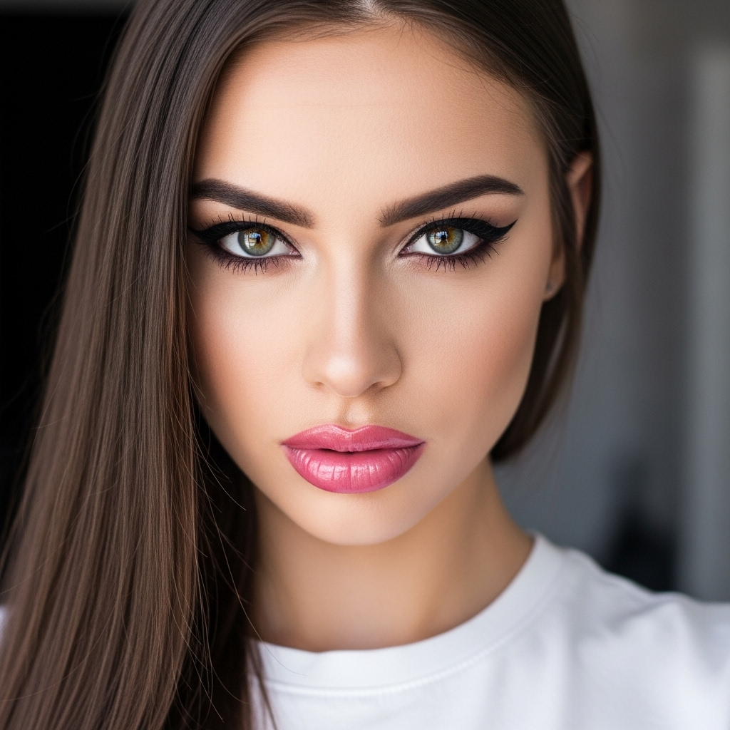 Closeup portrait of beautiful young woman with green eyes, pink lips, and flawless makeup