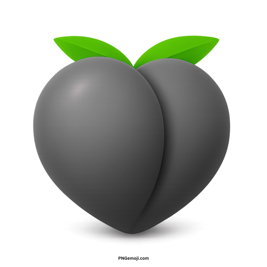 Black peach emoji icon with green leaves, symbolizing unique digital expression and modern design.