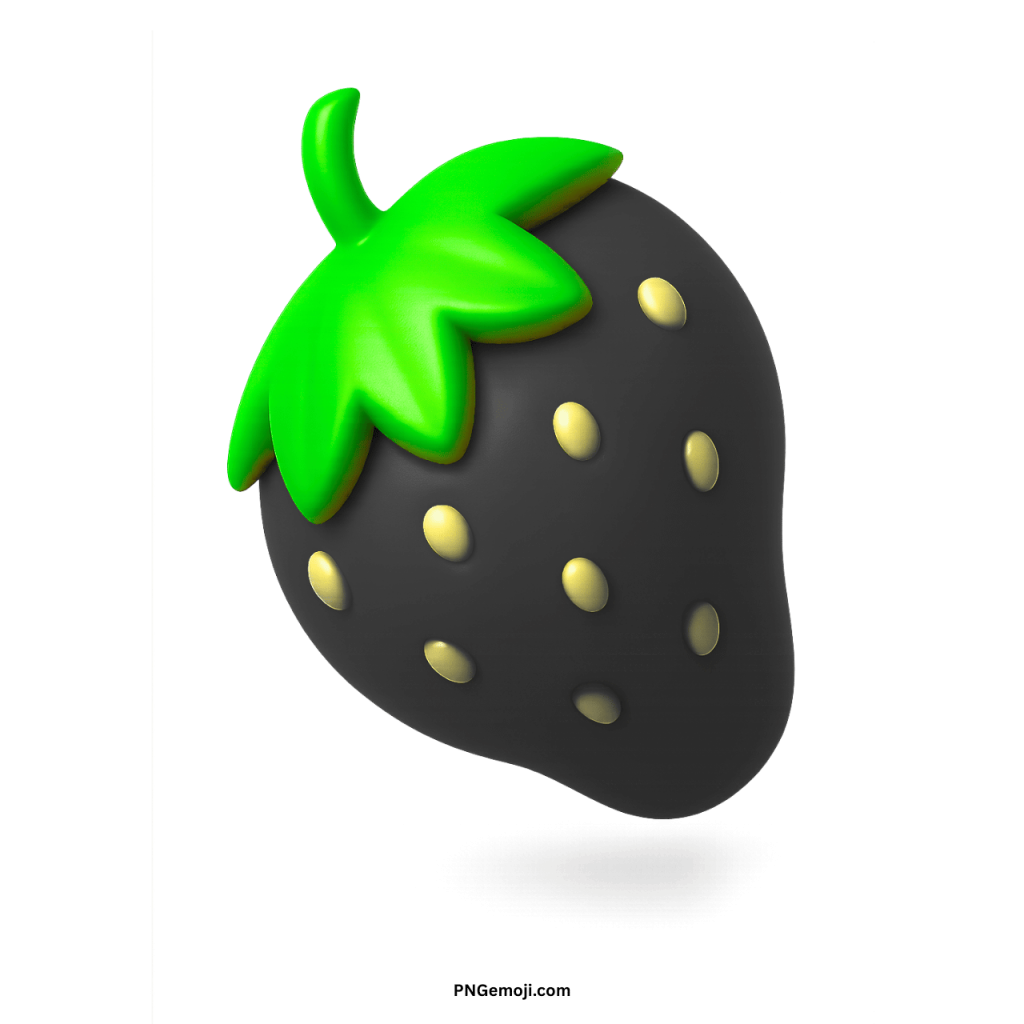 3D rendered black strawberry emoji with vibrant green stem and yellow seeds.