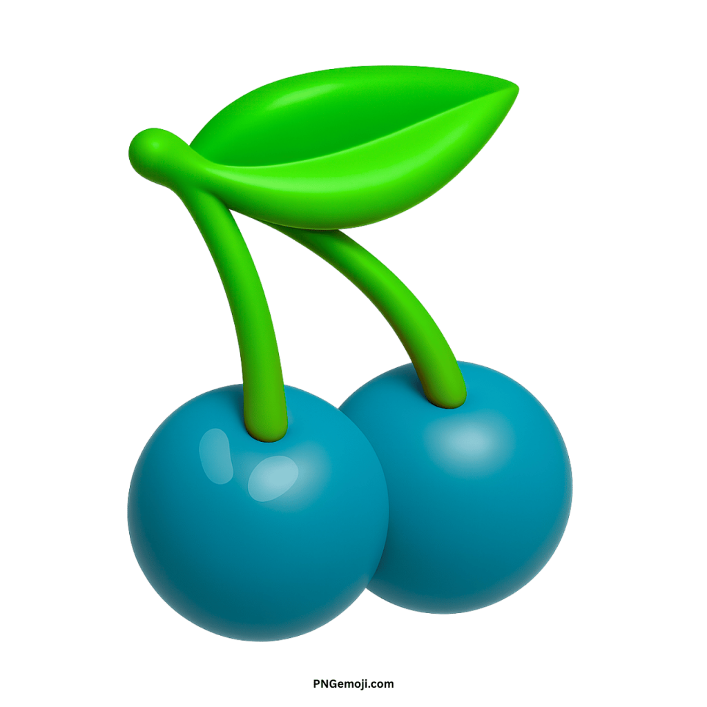 A 3D vibrant blue cherries emoji with a bright green leaf on a stem.