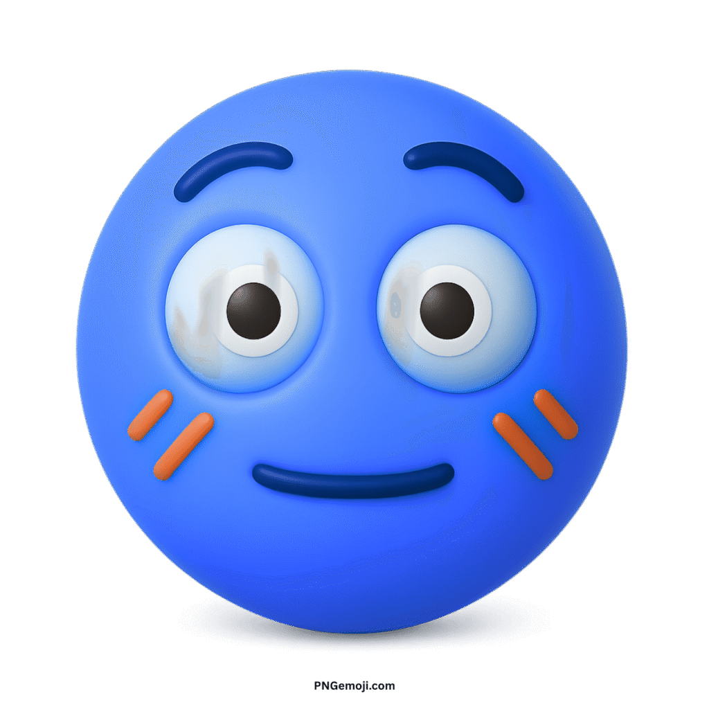 Blue flushed 3D emoji with wide eyes, slight smile, and orange cheek marks.