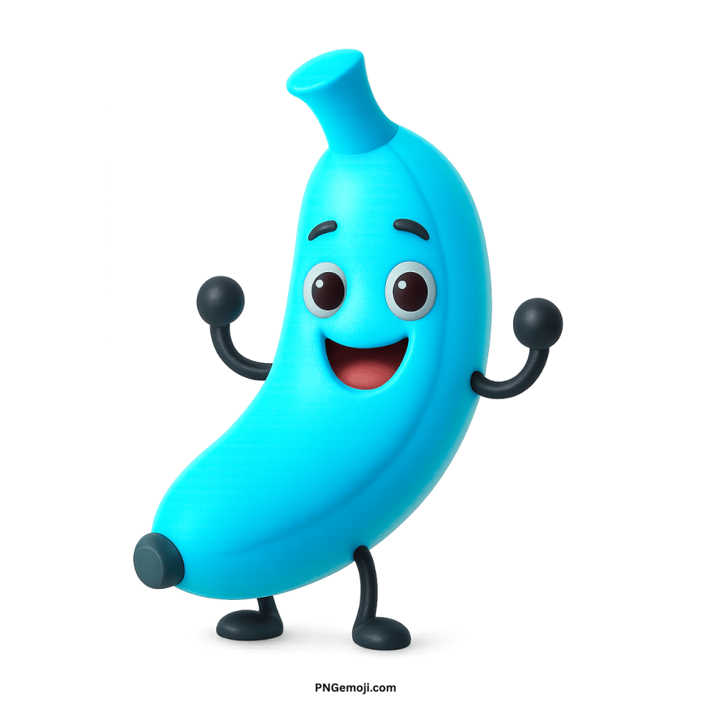 Blue banana emoji cartoon character smiling with happy eyes and playful pose on transparent background