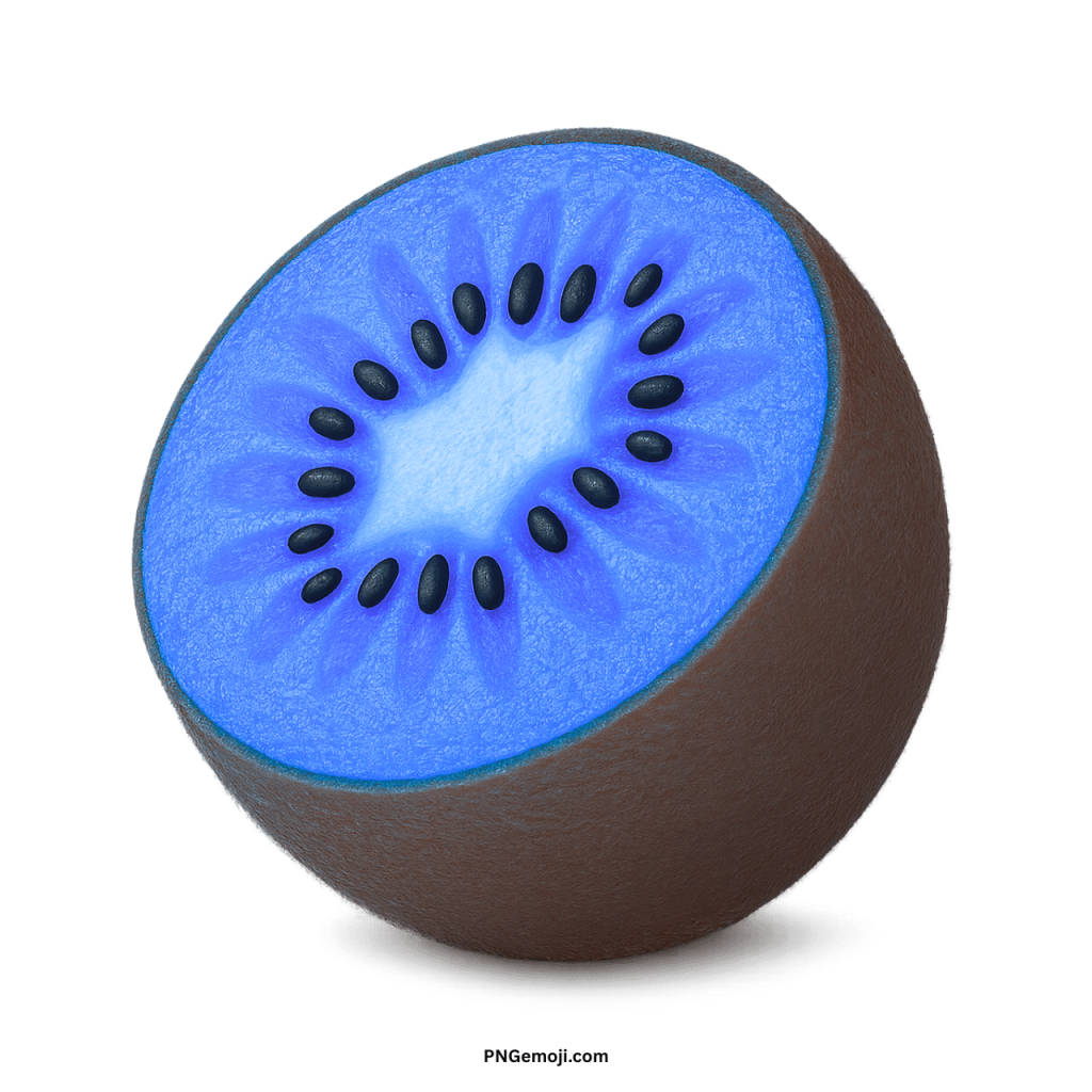 A vibrant blue kiwi fruit emoji, halved to reveal black seeds and a light blue core.