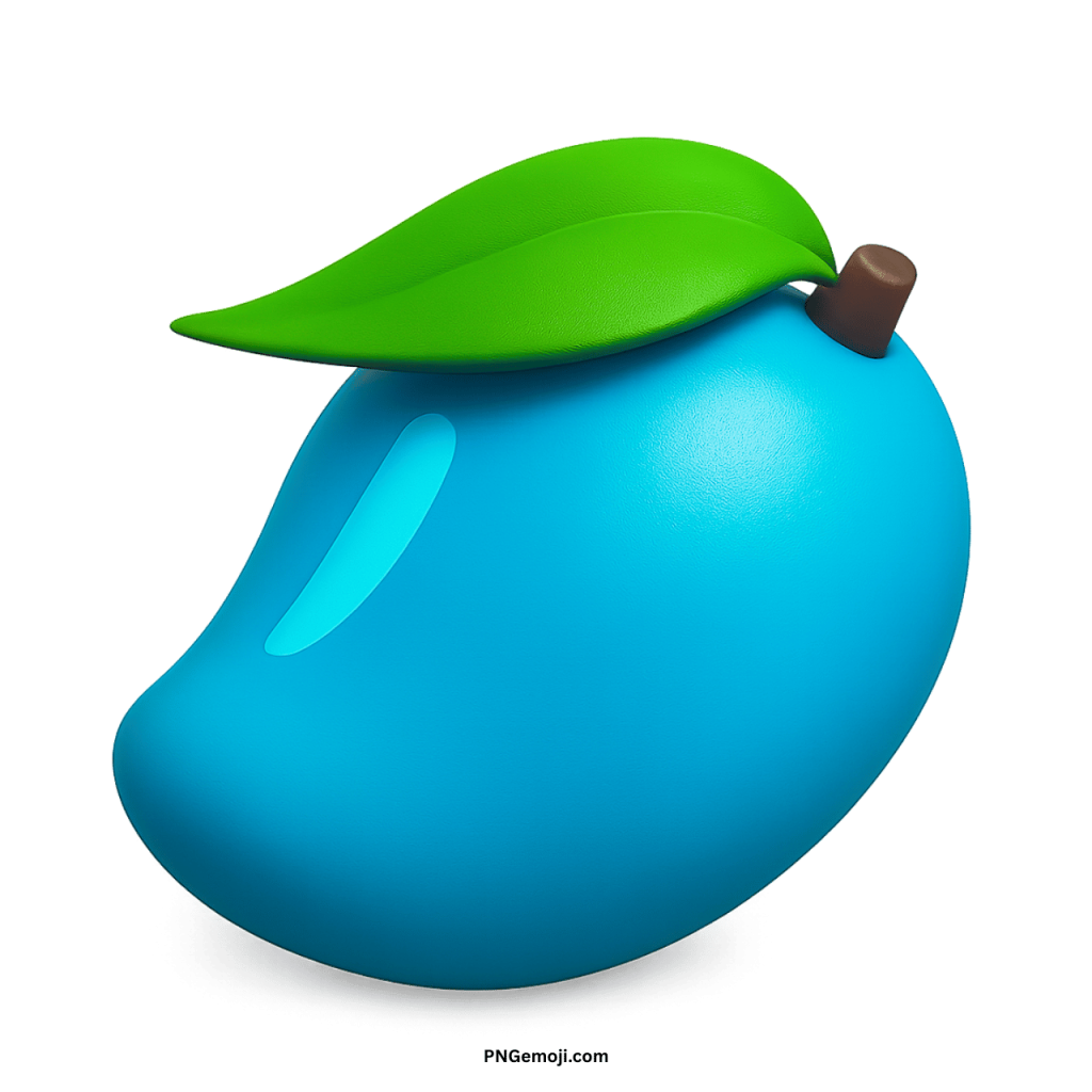 Blue mango emoji 3D tropical fruit icon with green leaf and glossy texture