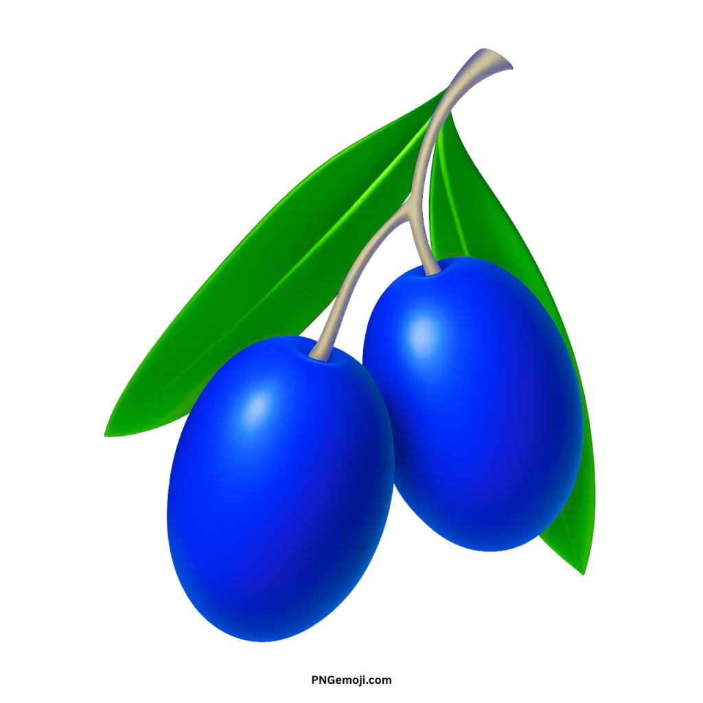 Vibrant blue olives on a branch with green leaves, isolated on a black background.