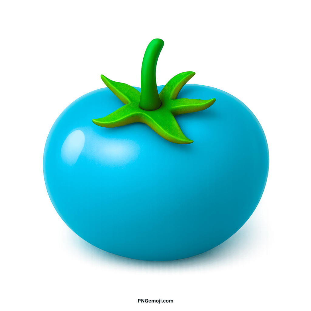 Blue tomato emoji with shiny surface and green stem unique digital fruit illustration