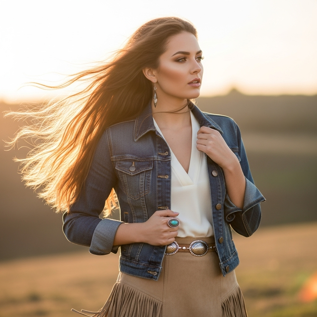Elegant bohemian woman in denim jacket and fringed skirt against golden sunset prairie.