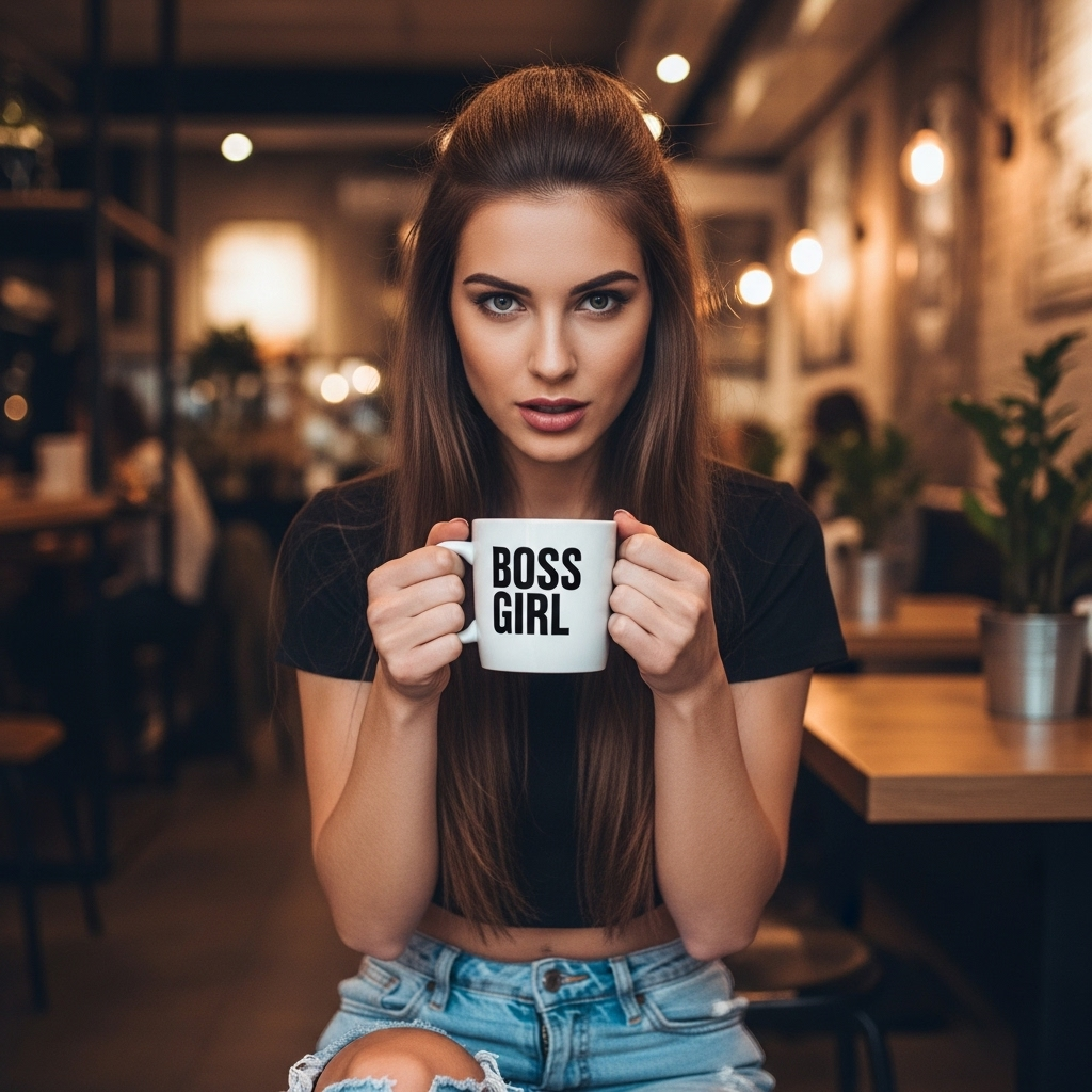 Confident young woman holding boss girl coffee mug inside stylish modern cafe
