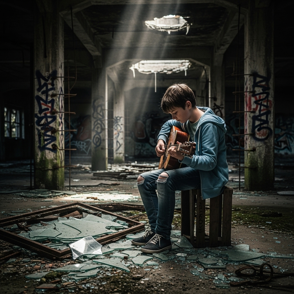 Young boy playing guitar in abandoned building, sunlight beams, graffiti walls, broken glass floor.