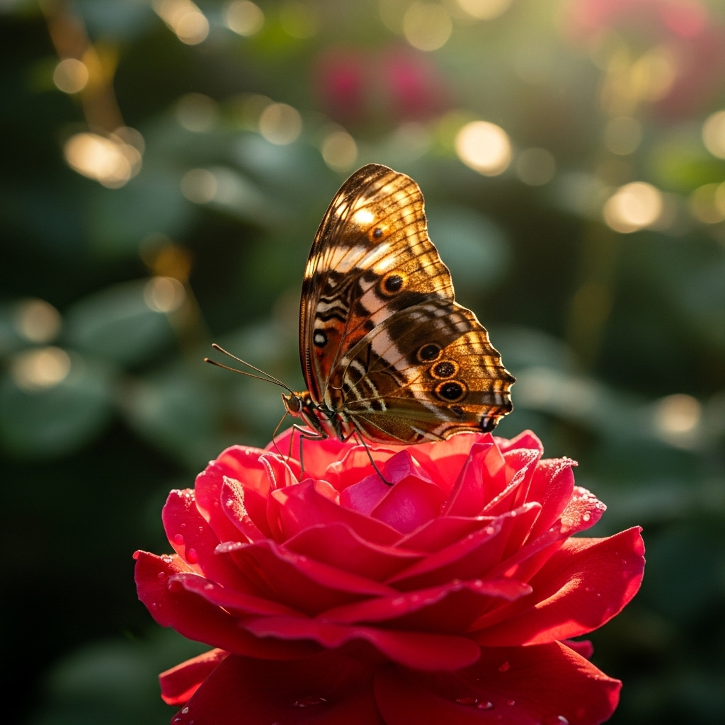 A colorful butterfly resting on a red rose with dew drops in a lush garden at sunset.