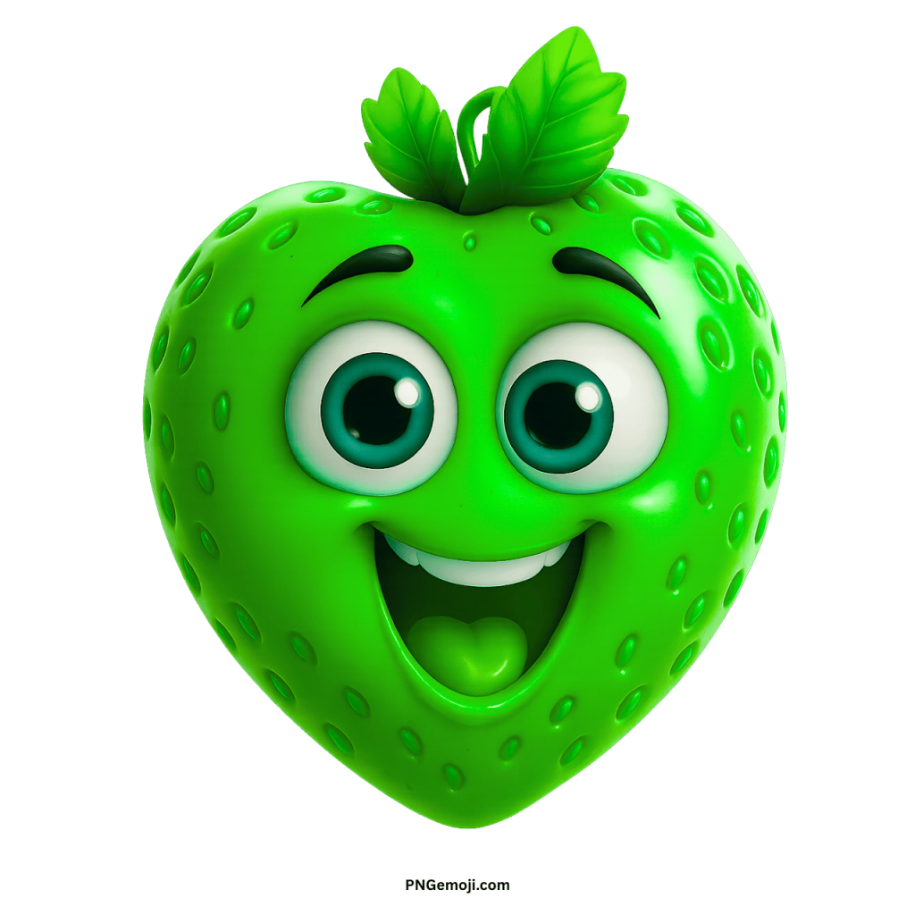  A happy green heart-shaped cartoon strawberry with big green eyes and a wide smile.