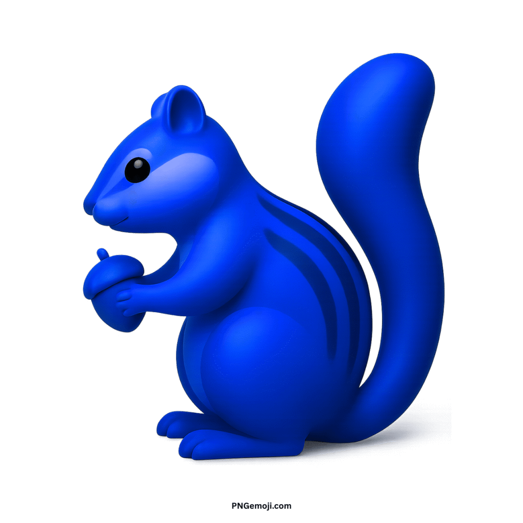 A cute blue 3D chipmunk emoji holding an acorn, with dark stripes, on a black background.
