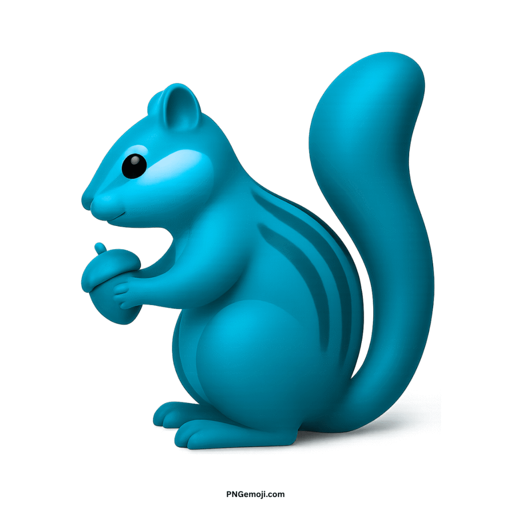  A delightful cyan 3D chipmunk emoji holding an acorn, with darker stripes, on a black background.